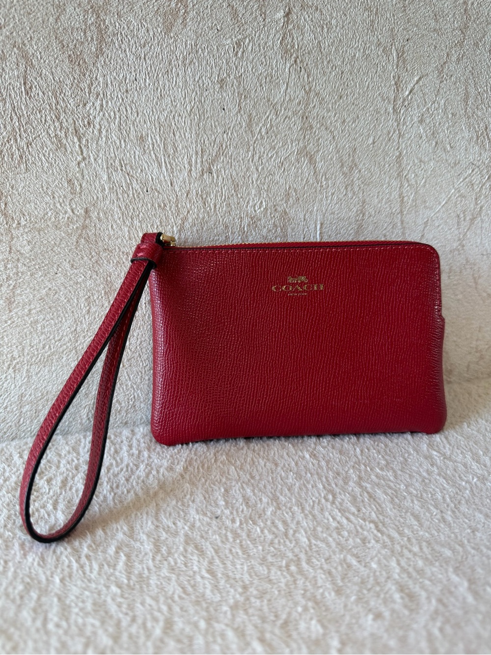 Coach Red Pebbled Leather Wristlet with Gold Logo